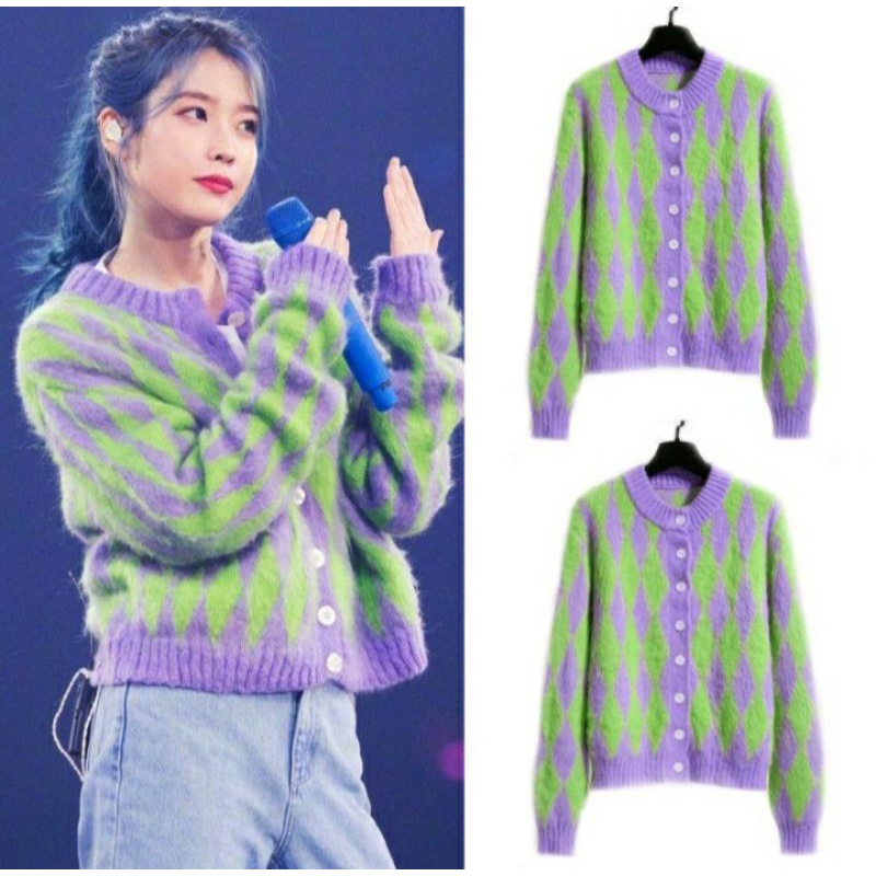 IU ARGYLE CARDIGAN/JAKET CARDIGAN SWEATER RAJUT WANITA KOREAN IU BLUEMING SWEATER lilac MIKOREAN