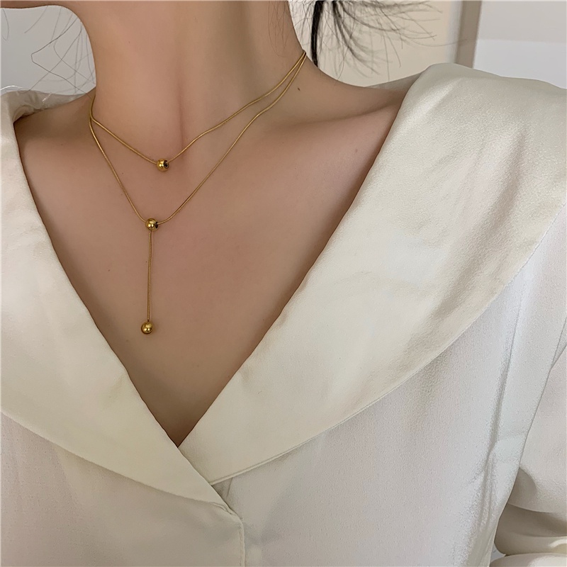 titanium kalung anti karat panjang Double Layer Hias Manik-Manik Bulat Kecil Gaya Korea Untuk Wanita