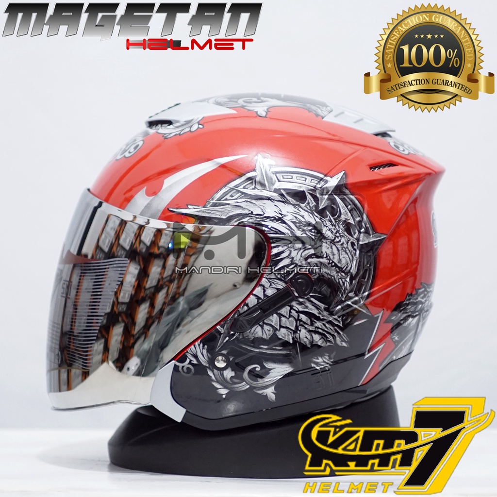 (Paket ganteng spoiler) HELM KM7 SEVEN KING BLACK GLOSSY SILVER-RD/SIL