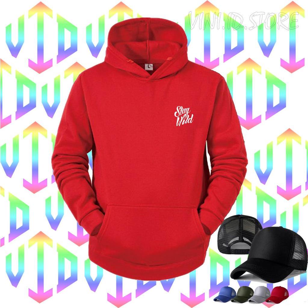 FREE TOPI POLOS.... HOODIE STAY WILD 0003 SAMPING MOTIF PUTIH+TOPI//Sweatshirt Hoodie Pria/Wanita//S