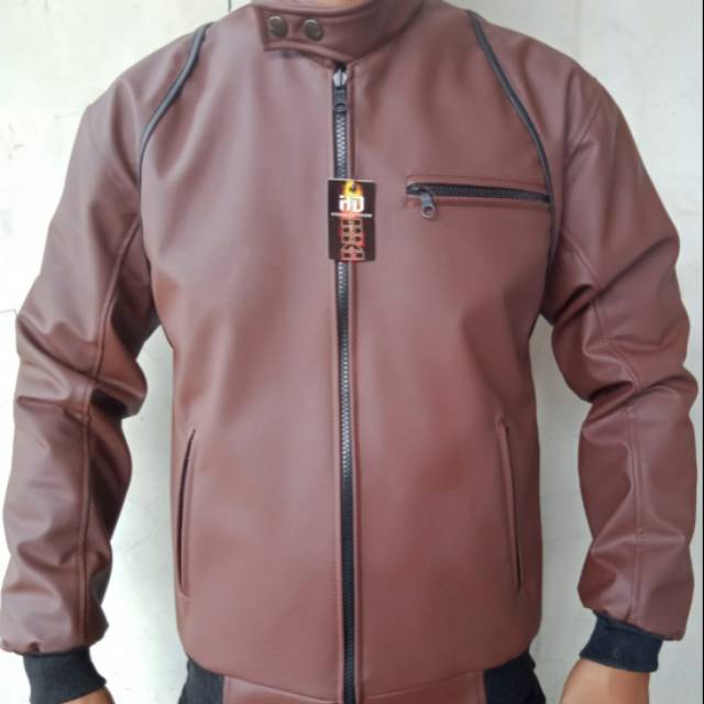 Jaket pria Jaket motor Jaket Ariel | Jaket Semi Kulit Model Ariel Coklat List Hitam