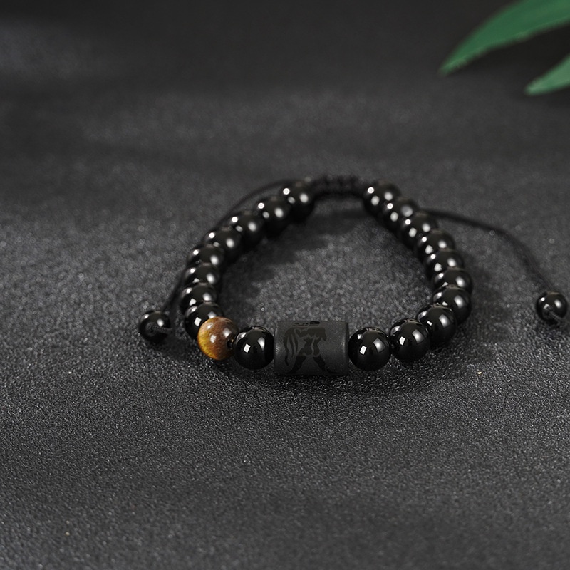 Gelang Manik-Manik Batu Reiki Hitam Ukuran 8mm Desain 12 Rasi Bintang Untuk Pria Dan Wanita