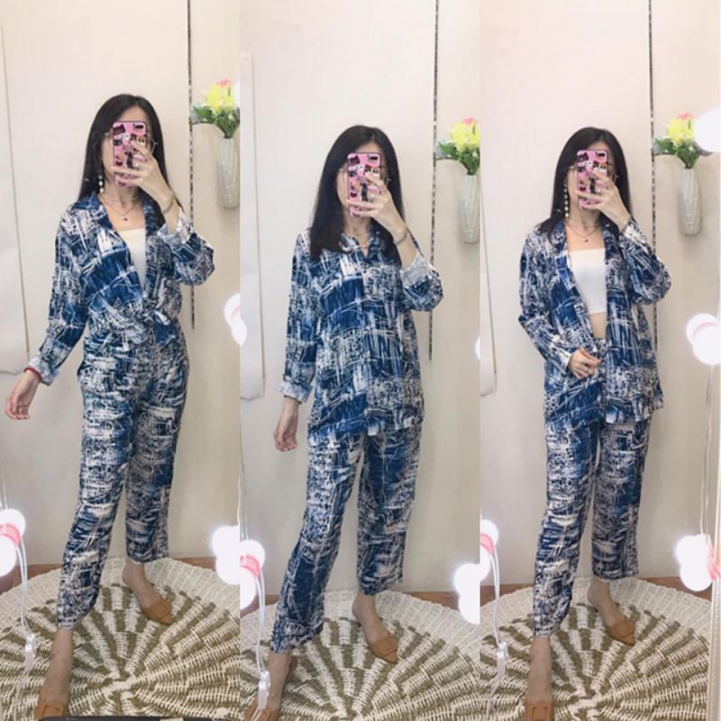 SETELAN WANITA TIE DIY ABSTRAK MARBEL IMPORT MOTIF ASLI/PAKAIAN WANITA SET KEMEJA DAN CELANA