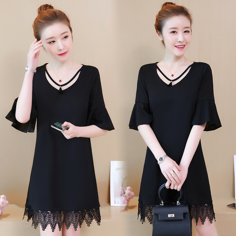 Dress Midi Gaya Korea Elegan Warna Hitam Ada Ukuran Besar 5XL untuk Wanita / Musim Panas