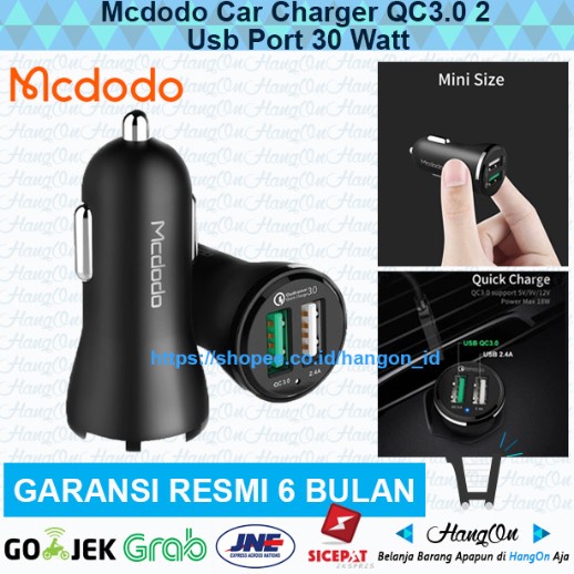 Mcdodo Car Charger / Charger Mobil QC3.0 2 Usb Port 30 Watt