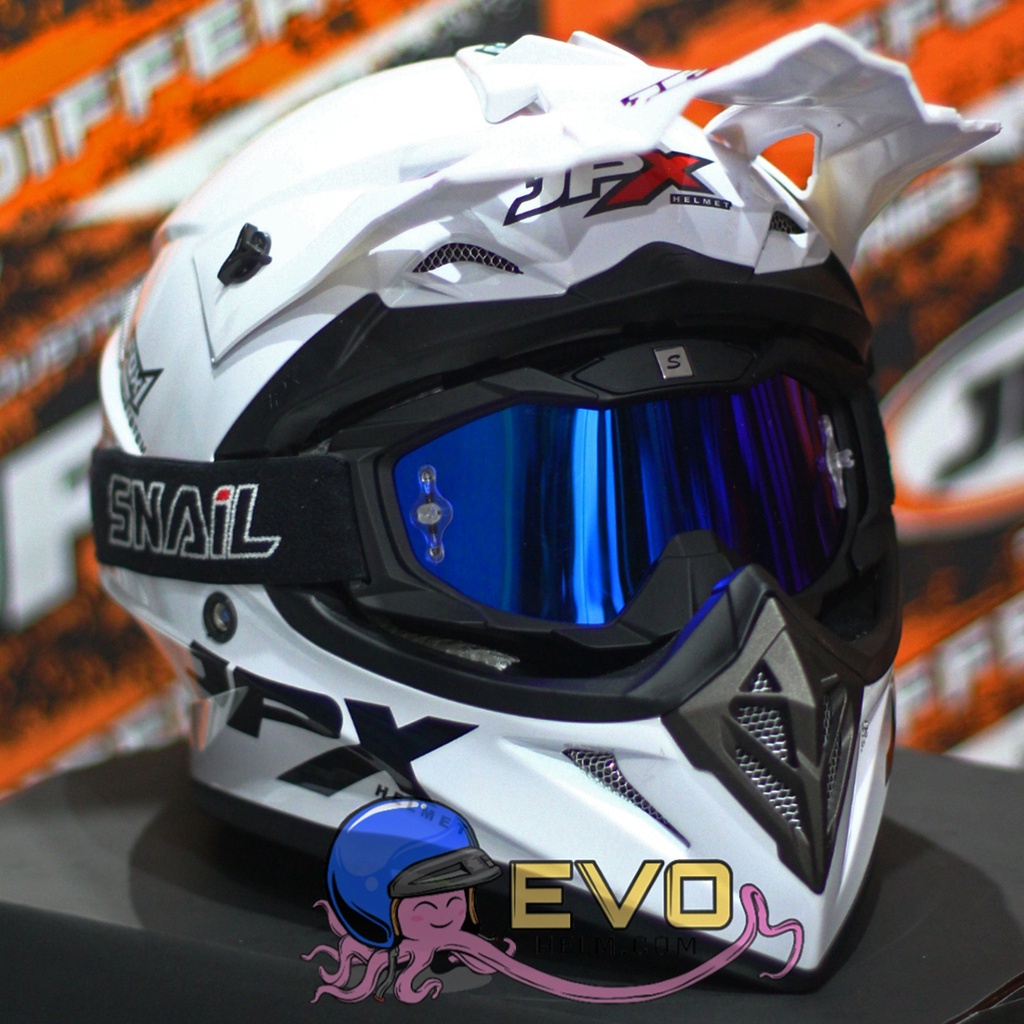 HELM JPX CROSS WHITE SOLID PAKET GANTENG JPX FOX 1 GOOGLE SNAIL WHITE JPX PUTIH CROSS JPX FOX1 PUTIH - PEARL WHITE / BLACK + GOOGLE SNAIL (ONGKIR 2 KG)