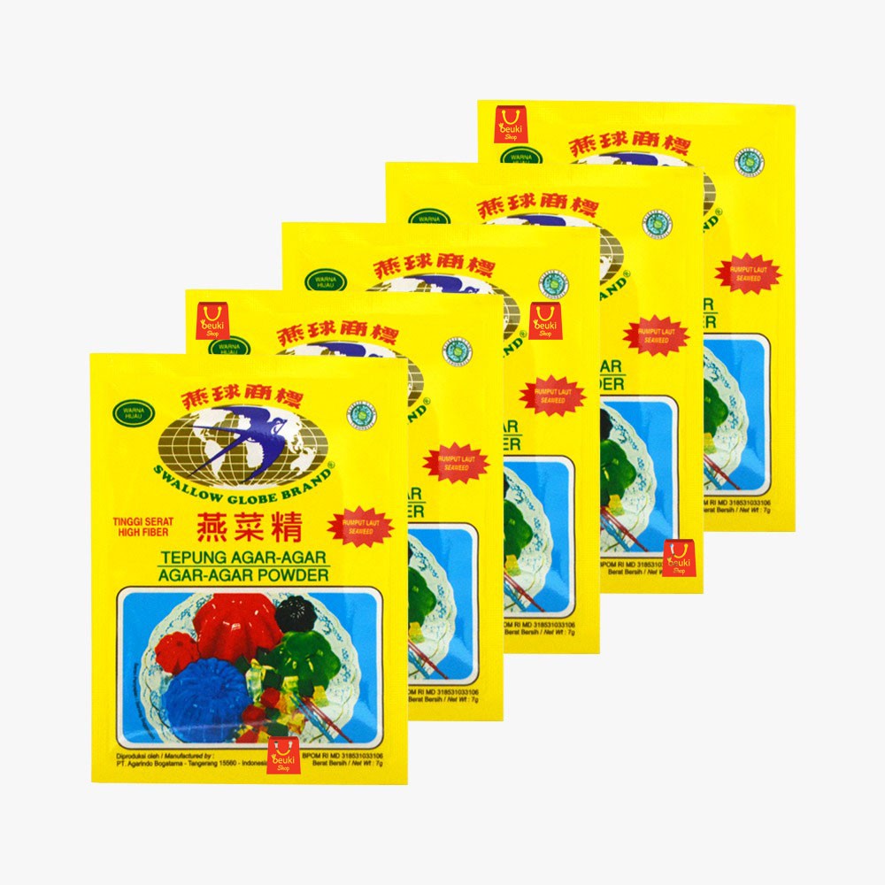 

5PCS Swallow Globe Brand Warna Hijau Tepung Agar Agar Rumput Laut Tinggi Serat - 5pcs x 7gr