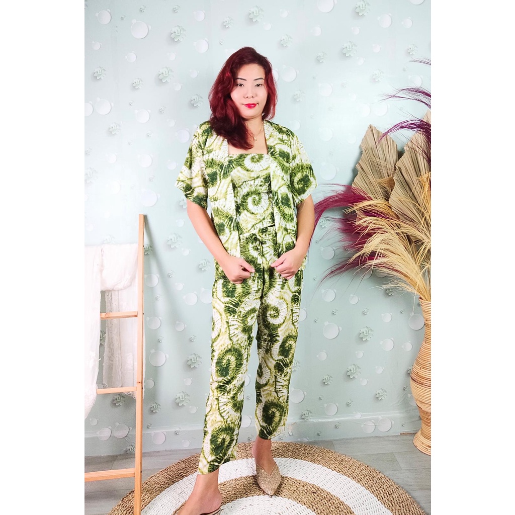 Baju Setelan 3in1 Wanita Kekinian Jumbo Set Cardigan Outer Kemben Tie Dye Abstrak Bunga