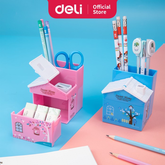 

READY Deli E9138 Pulpen stand-PS House Desk Organizer 3 Comp Pink Blue MURAH