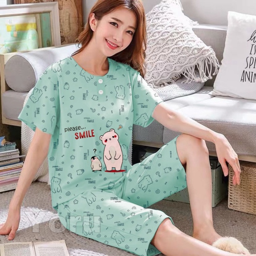 Pamelo Piyama 3/4 Baby Doll Murah Suplier Sleep Wear All Size Baju Tidur Wanita kaos Katun Stelan Stage2 Baju Tidur Murah Produk Terlaris-Please smile Toska