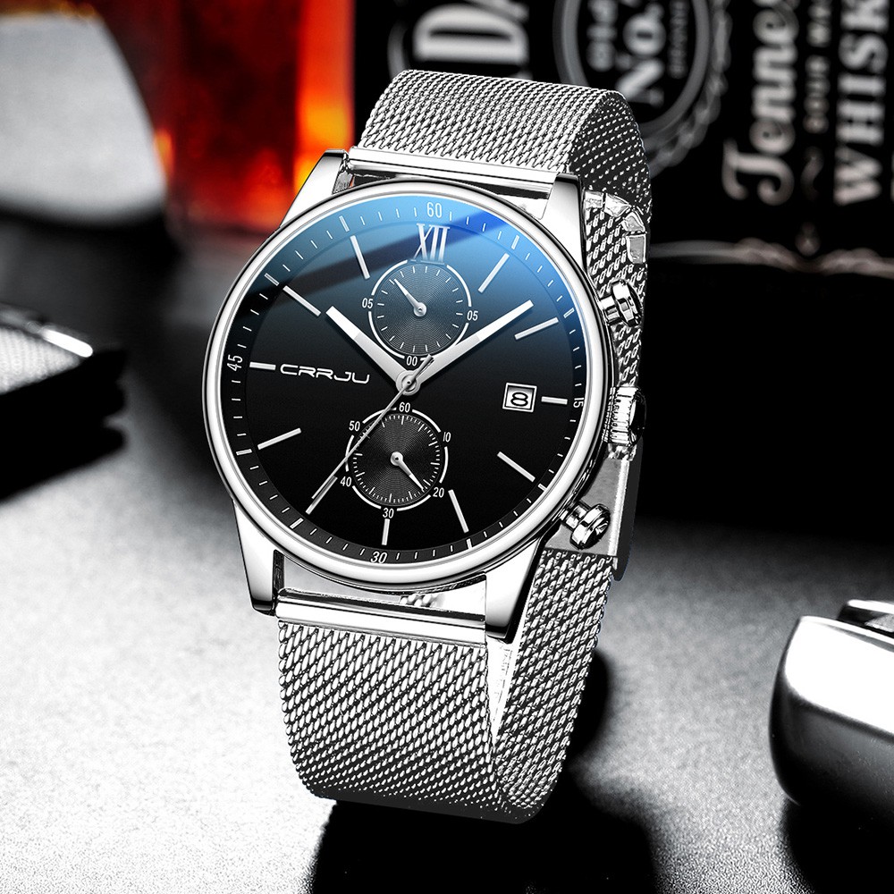 CRRJU Jam Tangan Pria Kemewahan Tertinggi Sport Chrono Jam Fashion Besi Tahan Karat Anti Air Jam Tangan Men Watch