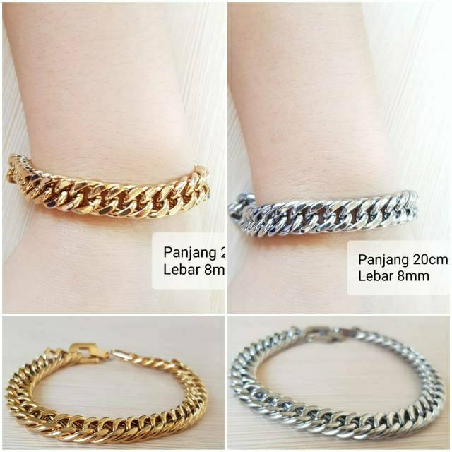 Gelang Rantai Titanium Silver Black Gold Titanium impor Antikarat Fashion Pria Wanita gelang rantai padat tebal 8mm 10mm