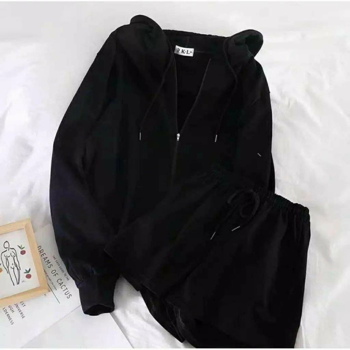 jaket wanita SETELAN JAKET HOODIE WANITA HOODIE POLOS + FREE CELANA PENDEK - Hitam crop terlaris kek