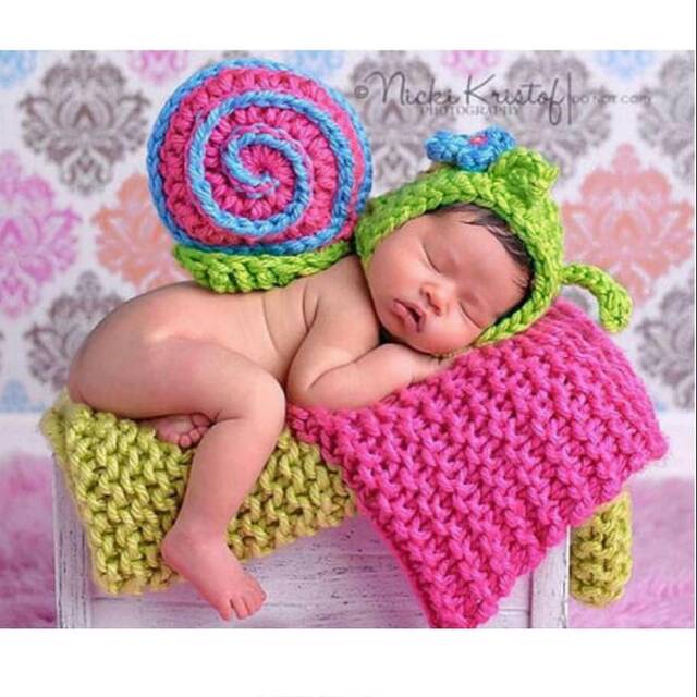 Kostum bayi newborn photoshoot baby costume snail pink perempuan lucu murah impor rajut unik foto