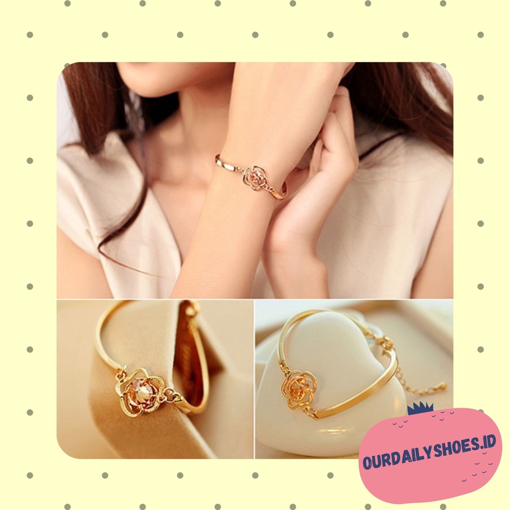 ★ODS★ FA96 Gelang Rantai Warna Emas Motif Bunga Mawar Kristal untuk Hadiah