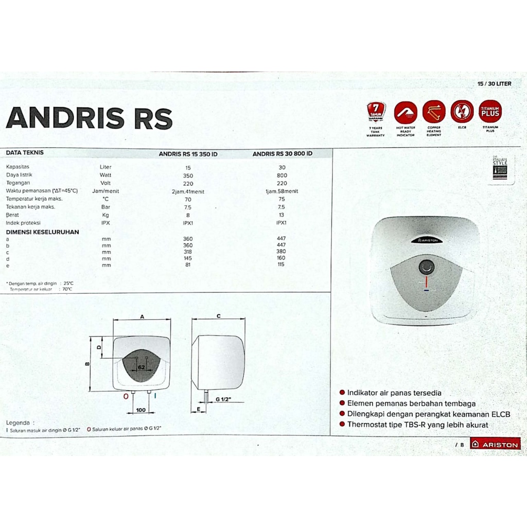 Ariston Andris RS 30 Liter 500 watt Listrik Water Heater Pemanas Air AN 30 RS