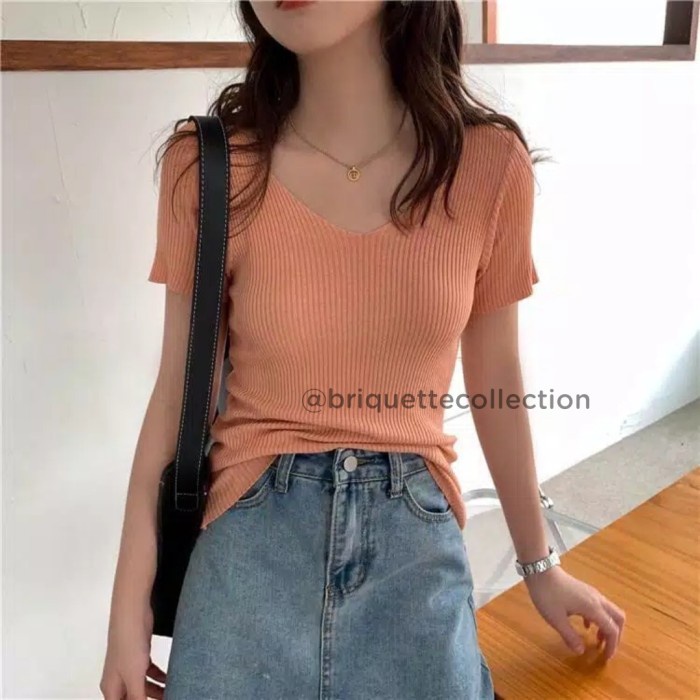 jual baju wanita kaos setelan celana wanita rok kemeja daleman dress Vneck Rajut Korea / Korean Knit Top / Atasan Vneck Wanita BC011 - Orange