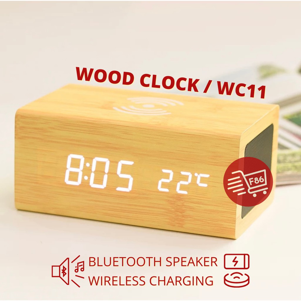 Jam Meja Kayu Digital Led /Jam Estetik + SUHU + Bluetooth Loudspeaker + Wireless Charging /Digital Wood Smart Alarm Clock/ ESTETIK JAM WEKER Speaker