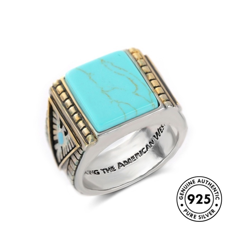 Cincin Lapis Silver S925 Desain Bulu Hias Turquoise Untuk Pria