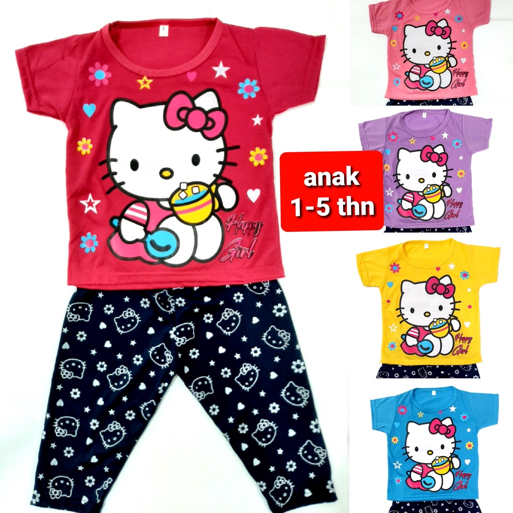 setelan anak 1- 10 tahun perempuan lengan pendek celana kaos panjang CP cewek baju tidur kity Grosir