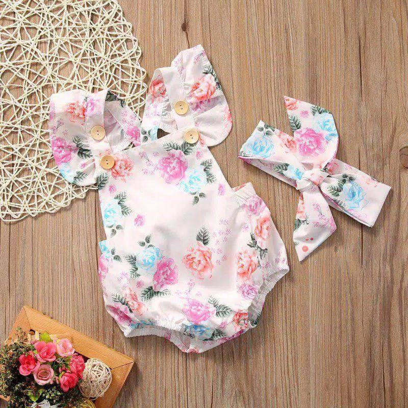 Setelan Romper bayi motif bunga tanpa lengan + bandana romper bayi perempuan