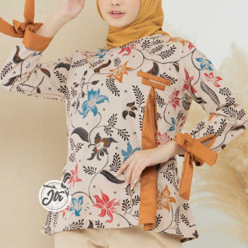 Atasan Batik Wanita Modern / Blouse Batik Kombinasi Mosscrepe Size M, L, XL ( ORIGINAL )