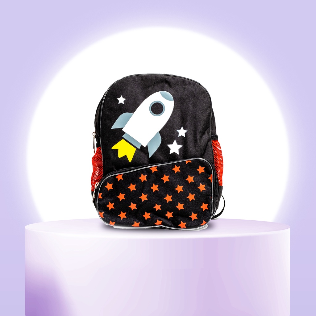 Tas Ransel Anak Roket Astronot Hitam Merah|Momigi Backpack Ukuran TK