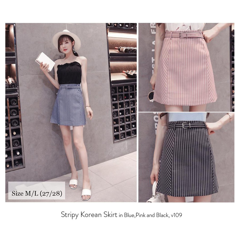 stripy korean skirt - rok mini fashion ala korea import with belt pusatnya baju import lucu