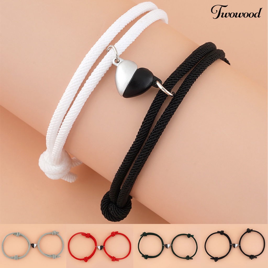 2pcs Gelang Rantai Magnetik Bentuk Hati Bahan Alloy Untuk Pasangan