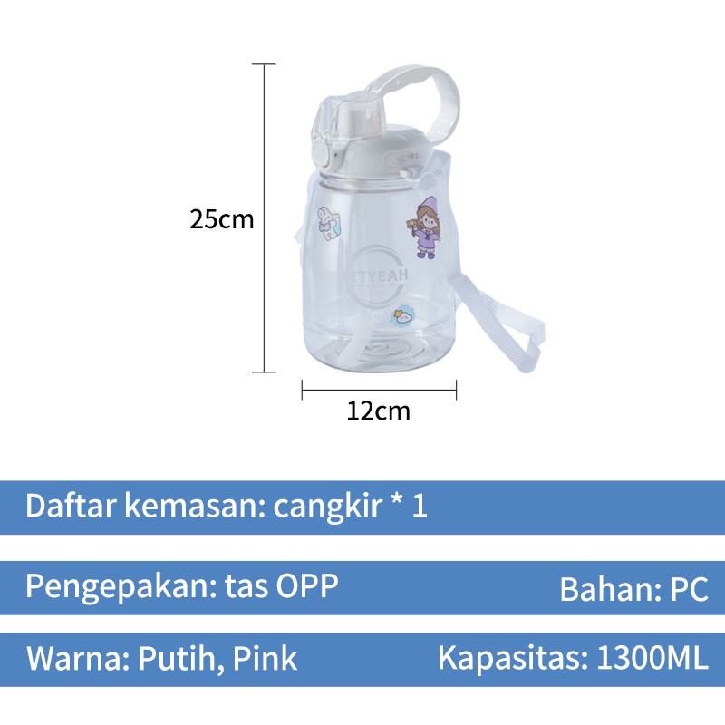 Letyeah &amp; Kaizenliving Botol minum dengan sedotan dan dilengkapi tali 1300ml / botol Kapasitas tinggi free sticker BPA free