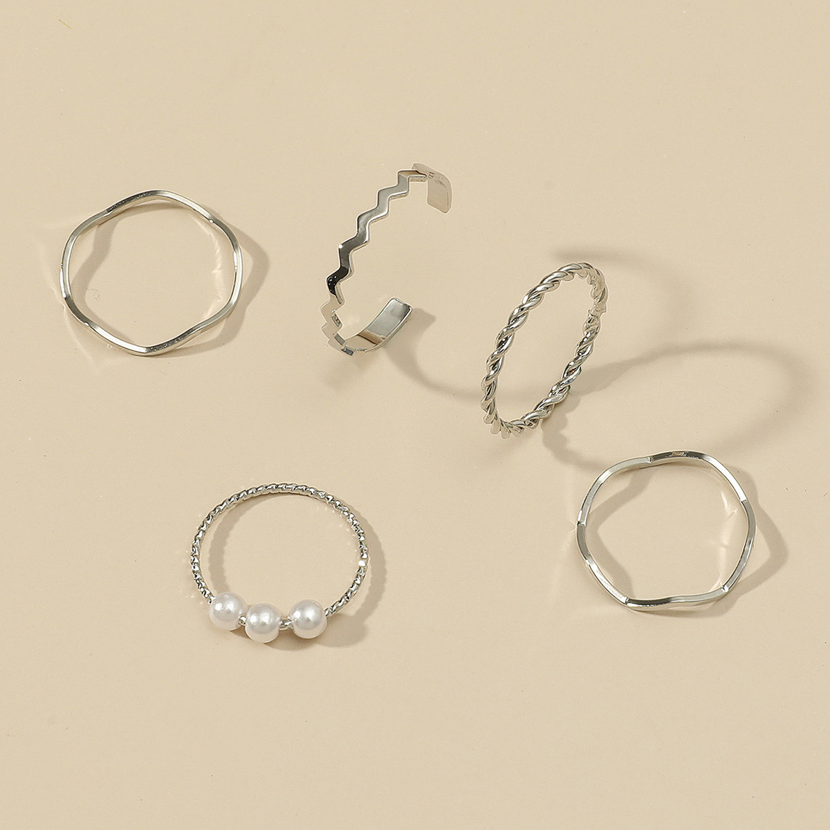 【MHANG】5 PCS / Cincin Wanita Gelombang Retro Set Cincin Tidak Beraturan Jepang Dan Korea Fashion Perhiasan Mutiara Mewah-5