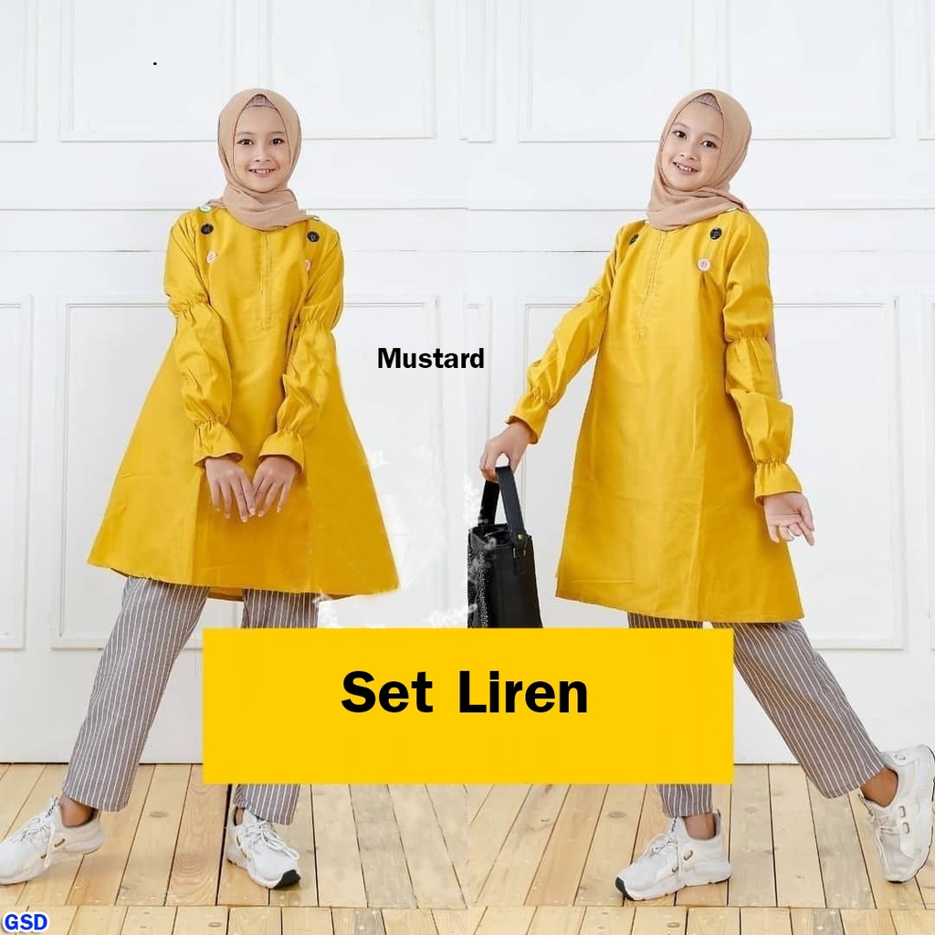 Liren/Baju Muslim Satu Set Setelan Baju Muslim Bahan Moscrepe Dan Celana Panjang Anak Perempuan Bahan Katun Salur  Untuk Usia  6 Tahun Sampai 8 Tahun GOOD QUALITY