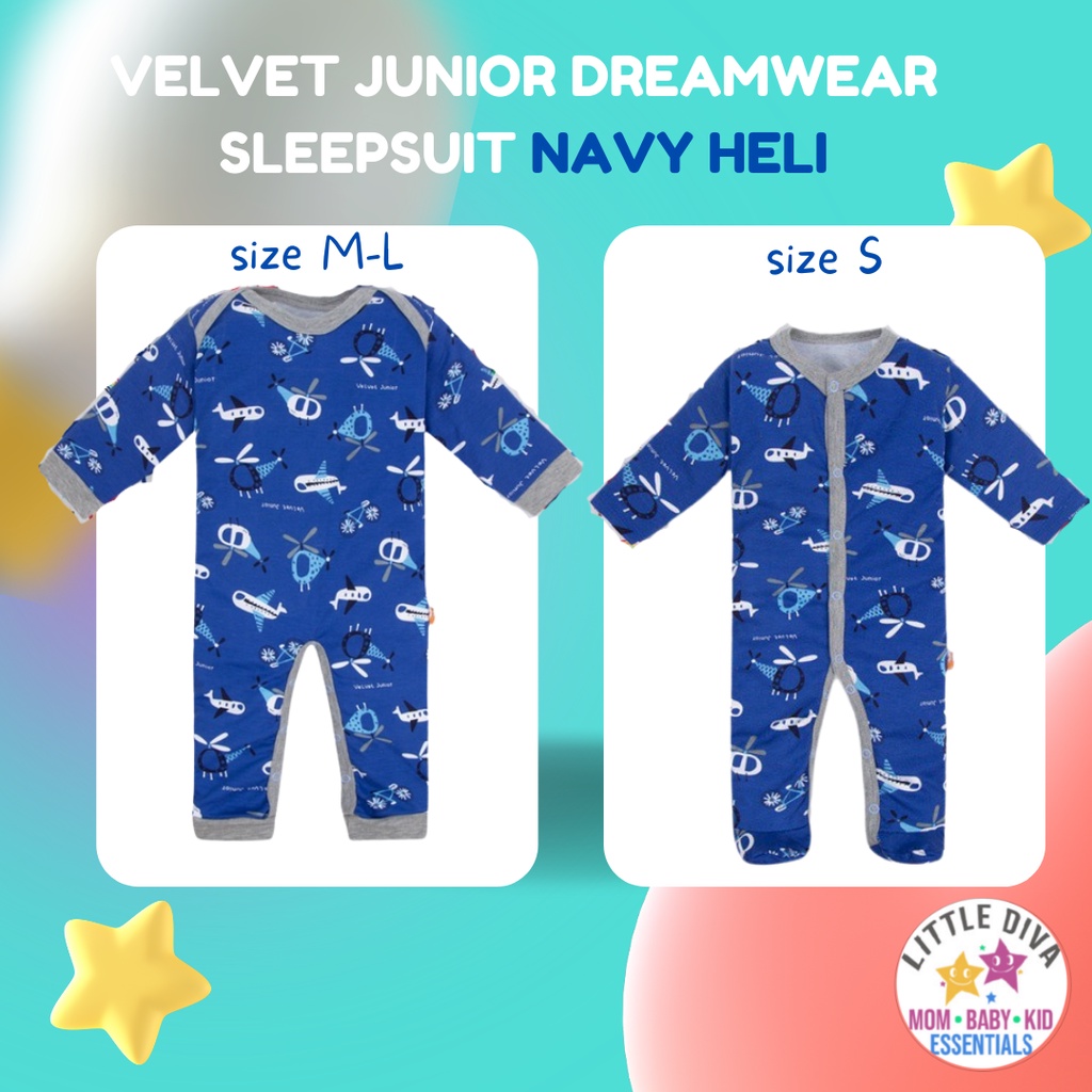 SLEEPSUIT Bayi size S / M / L NAVY HELI Velvet Junior TOPI Model KAKI TERBUKA alt vv