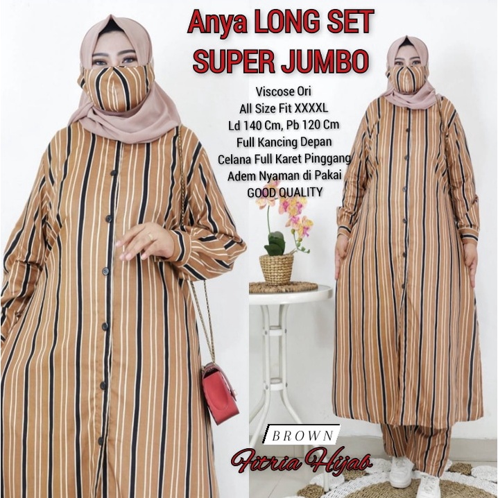 Terbaru - Setelan Motif Garis  Super Jumbo - Atasan Top Tunik Panjang Dan Bawahana Celana Rayon Visc
