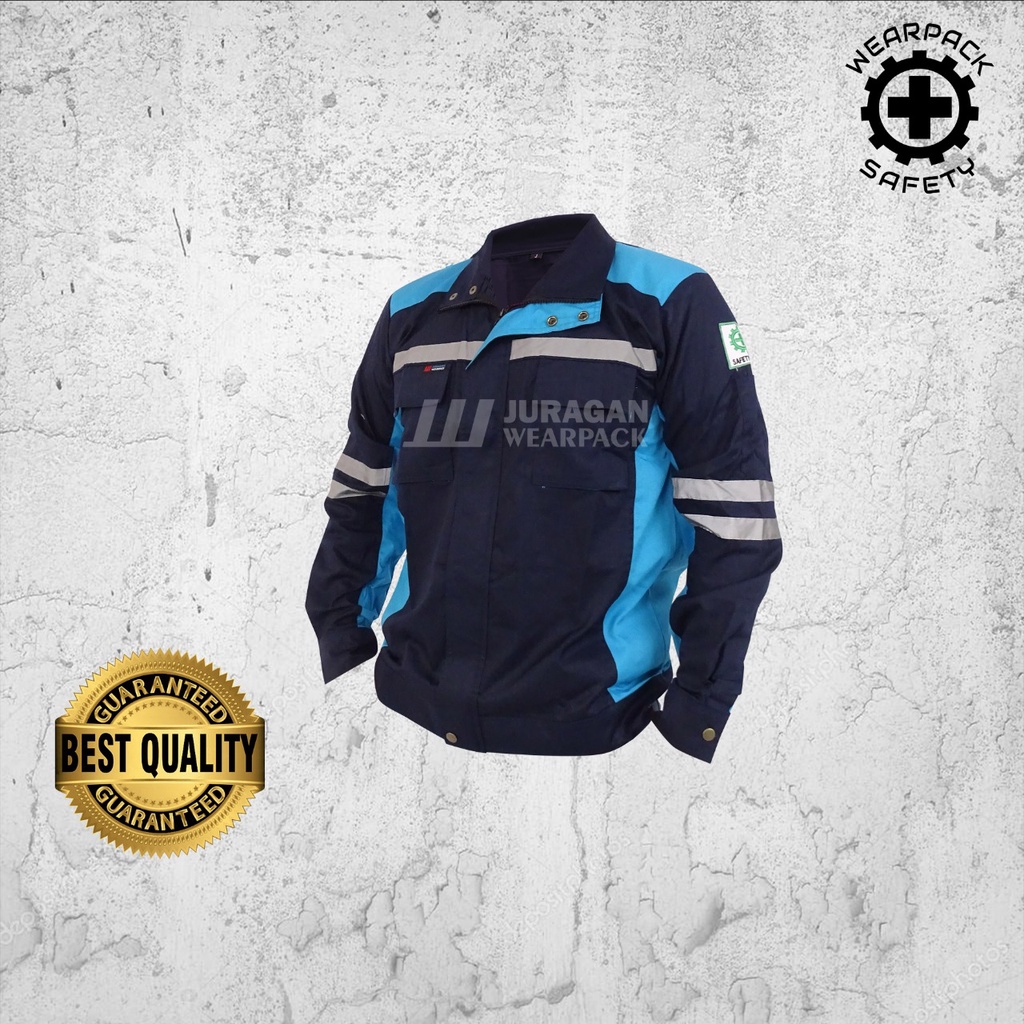 Wearpack Safety Semi Jaket / Baju Kerja Lengan Panjang Warna Biru Toska Kombinasi Biru Navy