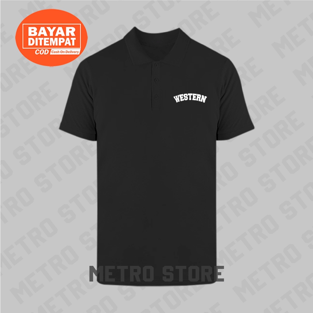 Kaos Polo Western Logo Teks Premium White Print | Kaos Polo Shirt Kerah Lengan Pendek Pria Muda Kere