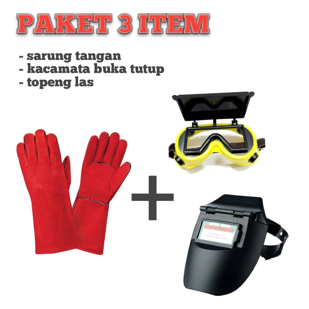 PAKET HEMAT 3 item Sarung Tangan Las Kulit Merah + TOPENG Kedok Helm Las Auto Dark Otomatis Gelap + Kacamata Las Buka Tutup Work Safety