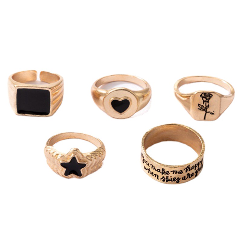 Fancyqube 5pcs / Set Cincin Rantai Emas Geometris Gaya Hip Hop Punk Untuk Wanita