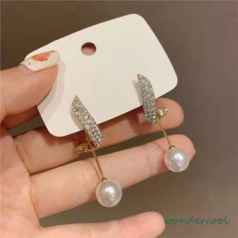 Elegan Berlian Mutiara Fashion Sederhana Temperamen Wanita Anting Rumbai Panjang-Won