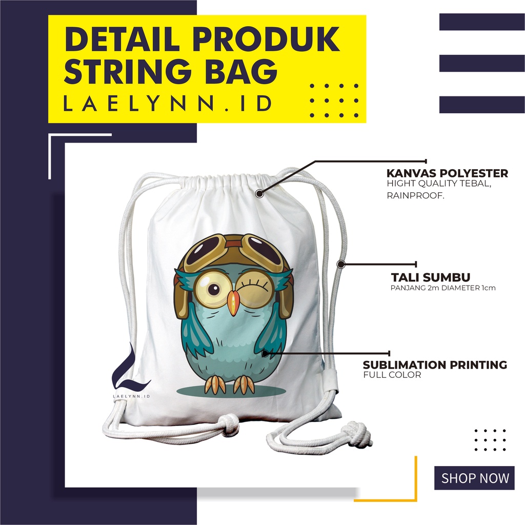 LAELYNN - STRING BAG TAS SERUT KANVAS PREMIUM Motif Owl Art - OWL0108