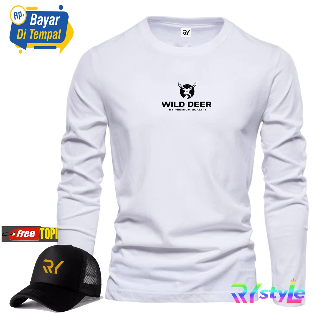 BONUS TOPI.. Kaos Lengan Panjang WILD DEER Hitam + Topi Random / Kaos Pria / kaos Polos