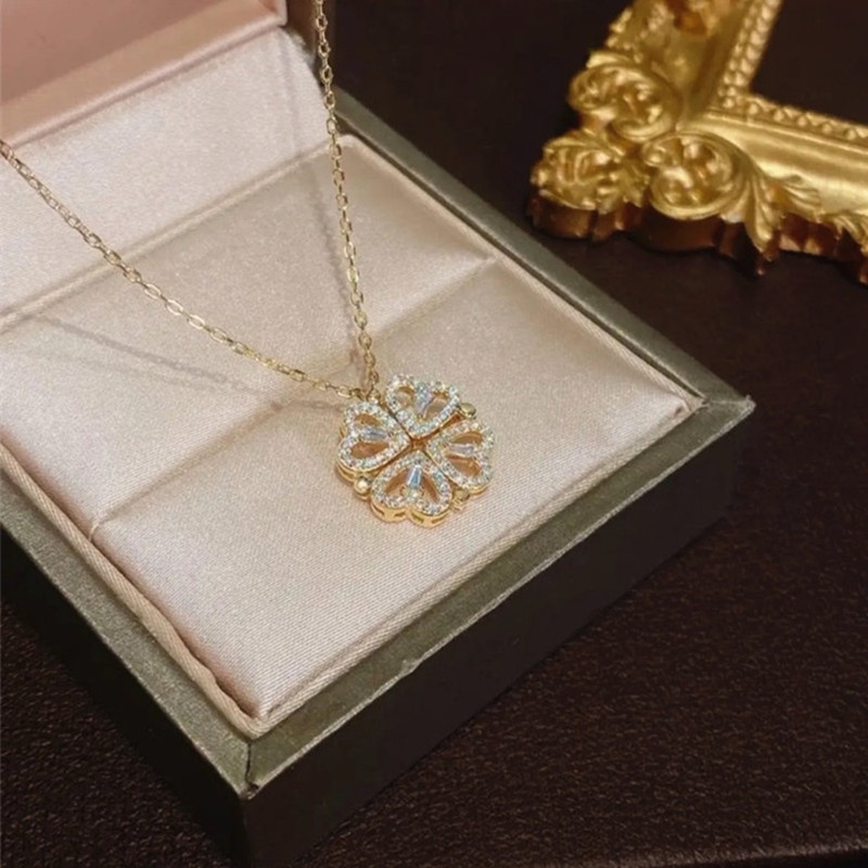 Kalung Titanium Korea Semanggi Hati Emas 18k Berlian 2 Cara Memakai Perhiasan-gold