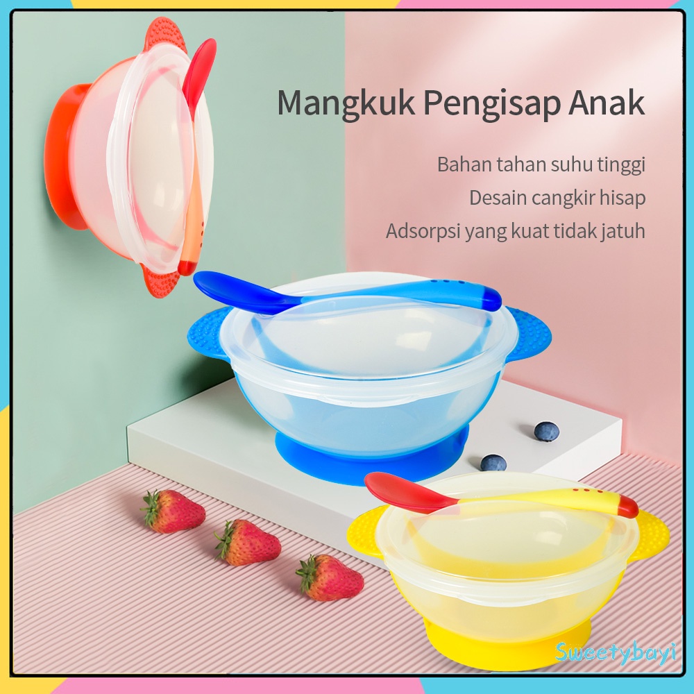 Sweetybayi Mangkok bayi garpu sendok makan bayi dengan sensor panas anti slip mangkuk anak