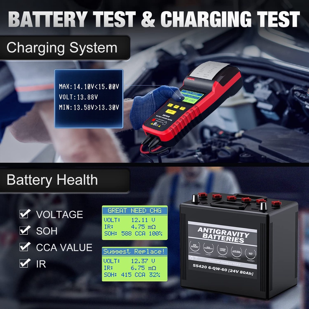 ANCEL BST500 12V And 24V 2in1 Car Battery Tester Digital Car Battery Analyzer Battery Health Analyzer Car Diagnostic Tool For Car/Truck/Motorcycle/Vans/Light Truck/Boat