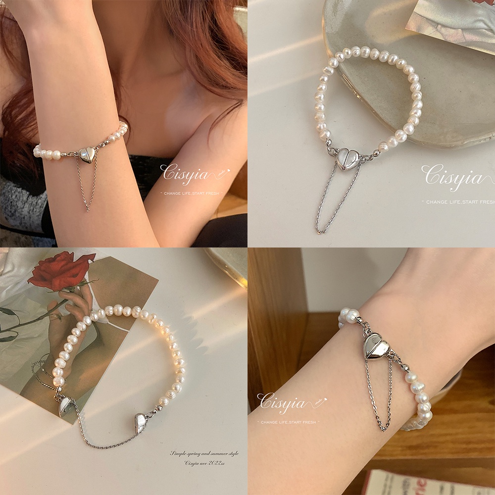 Gelang Rantai Manik-Manik Mutiara Hati Magnetik Warna Silver Untuk Wanita