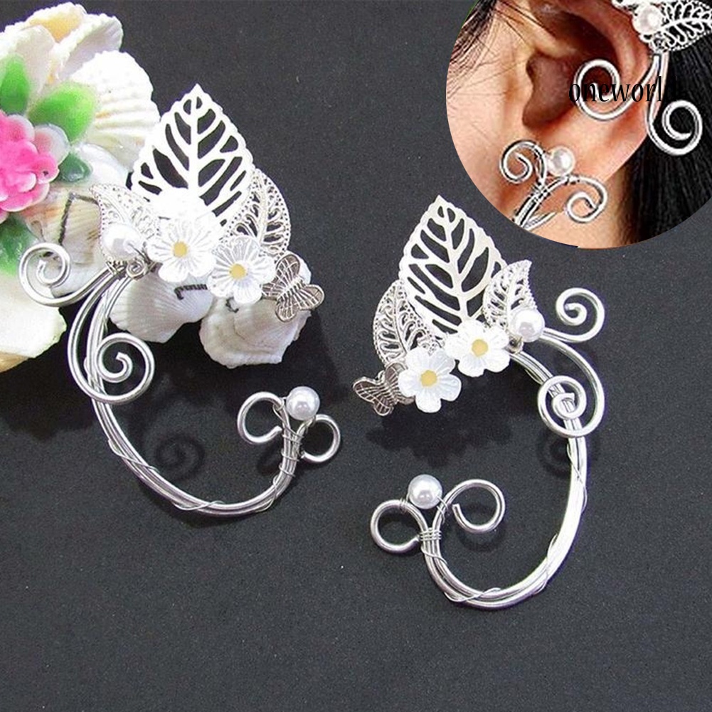 OW# 1Pc Hollow Flower Leaf Elf Faux Pearl Ear Cuff Clip On Earring Party Jewelry