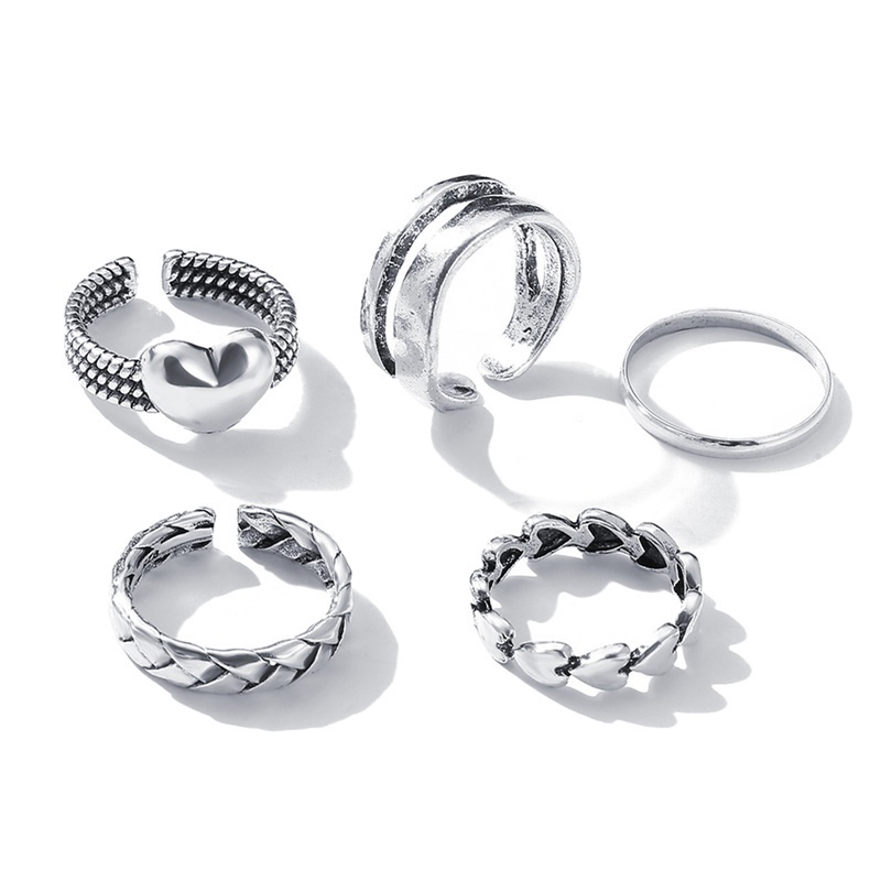 Fancyqube 5pcs / Set Cincin Buku Jari Model Terbuka Bentuk Hati Geometris Warna Emas Perak Gaya Punk Vintage Untuk Pria Dan Wanita