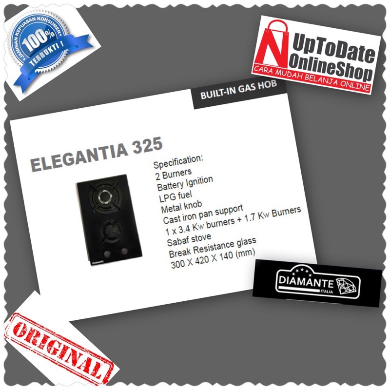 Kompor Tanam Gas DIAMANTE ELEGANTIA 325, Hitam, 320x520x160 mm