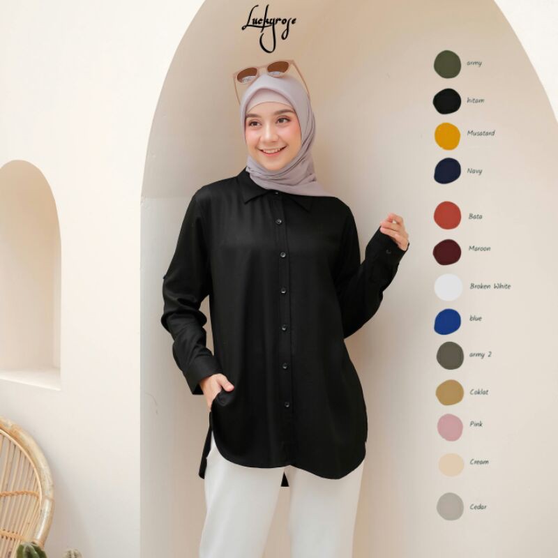 Luckyrose Kemeja Rayon polos hitam wanita lengan panjang kemeja kerja baju kantor formal cewek hem