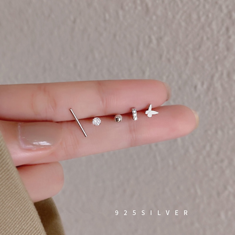 Papaozhu 5 Pcs Korea s925 Perak CZ Zirconia Bar Butterfly Stud Earrings Set Untuk Wanita Perempuan Sehari-Hari Perhiasan Telinga